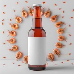 Wall Mural - Beer bottle with white blank label - mockup. Round frame of shrimp, isolated on a white background. Advertising poster. 