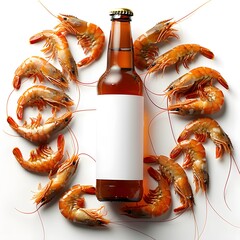 Beer bottle with white blank label - mockup. Round frame of shrimp, isolated on a white background. Advertising poster. 