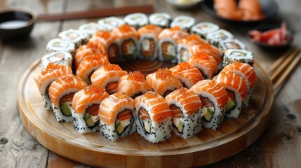 Wall Mural - A platter of sushi rolls with salmon, avocado, and rice