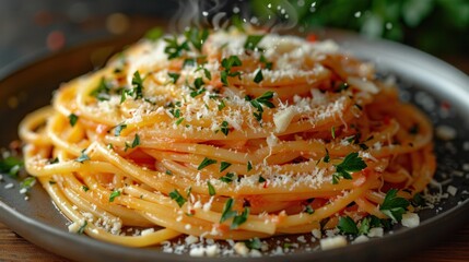 Poster - A close-up view of spaghetti with a red sauce, covered in parmesan and parsley