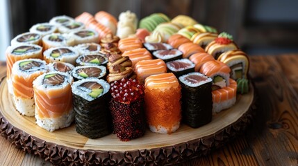 Wall Mural - A close-up view of a platter of assorted sushi rolls