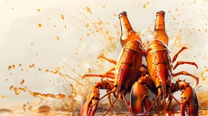 Wall Mural - Food poster, couple of lobsters with two bottles of beer, foam flowing with beer splashing. Copy space. Advertising illustration.