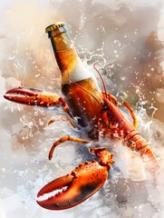 Wall Mural - Food poster, lobster with bottle of beer, foam flowing with beer splashing. Copy space. Advertising illustration.