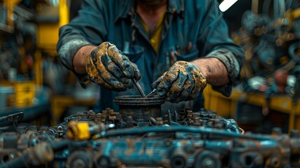 Wall Mural - A close-up view shows a mechanic intensely working on an engine. The dirty gloves and detailed engine parts create an image of hard work and dedication in a busy workshop.