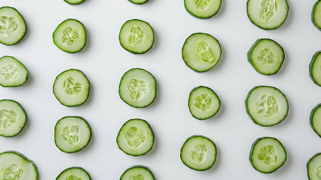 Cucumber slices pattern on white background, wellness and freshness concept