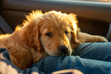 a dog laying on a person's lap in a car