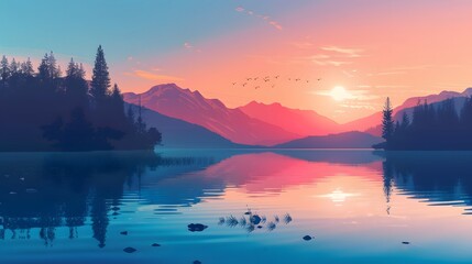 Wall Mural - A serene mountain lake nestled between rugged peaks with views of sunset