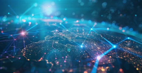 Wall Mural - global network concept, with visualization lines representing connections, glowing, earth
