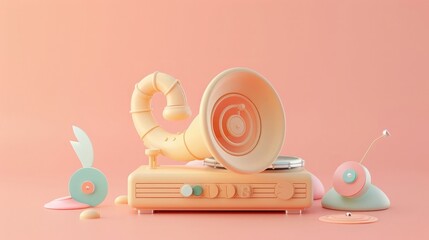 Wall Mural - A 3D model of a cute phonograph, with a horn that curls like a snail shell and discs in pastel shades