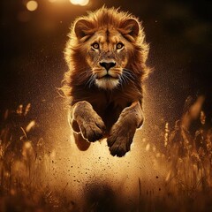 Wall Mural - High-speed photography of a lion Jumping in the tall grass, motion blur and a fast shutter speed