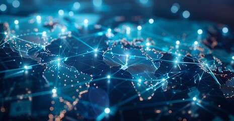 Poster - global network concept, with visualization lines representing connections, glowing, earth