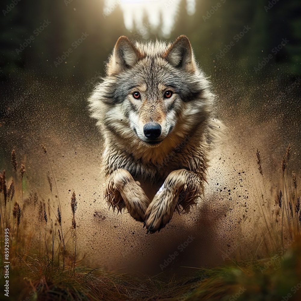 ภาพประกอบ Stock High-speed photography of a Wolf Jumping in the tall ...