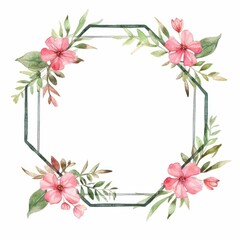 Wall Mural - Geometric pastel watercolor frame with pink flowers and green leaves. Hexagon picture frame decorated with pink flower. Modern botany concept for wedding invitation and home decor design. AIG35.