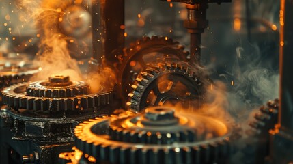 Wall Mural - Steel gear parts in factory furnace with smoke and flame