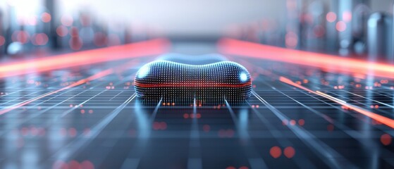 Futuristic technology background with blue and red lights, showcasing advanced circuit boards and sleek metallic designs.