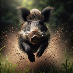 Wall Mural - High-speed photography of a Boar Jumping in the tall grass, motion blur and a fast shutter speed