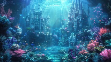 Magical underwater city with colorful coral reefs, vibrant marine life, and ancient ruins illuminated by soft sunlight.