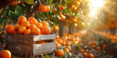 Wall Mural - Oranges in a Wooden Crate in a Sunny Orchard