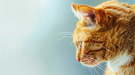 Canvas Print - Yellow domestic cat looking down photo for text space Pet concept