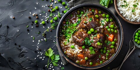 Wall Mural - Caribbeaninspired oxtail stew with rice peas and fresh herbs. Concept Caribbean Cuisine, Oxtail Stew, Rice and Peas, Fresh Herbs, Flavorful Dish