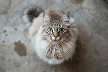 a cat with green eyes looking up at the camera