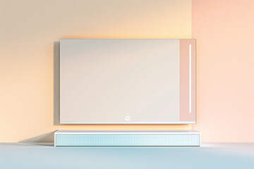 Wall Mural - A sleek, smart mirror bathroom vanity featuring integrated Bluetooth speakers is set against a solid color background