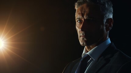 Canvas Print - Close-up of a man's face and upper torso, illuminated by a strong light source from the left side, creating a dramatic chiaroscuro effect