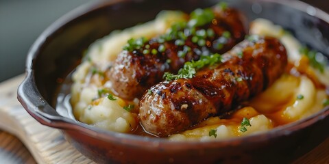 Sticker - Selective focus image of British bangers and mash dish with shallow depth of field. Concept Food Photography, British Cuisine, Selective Focus, Shallow Depth of Field