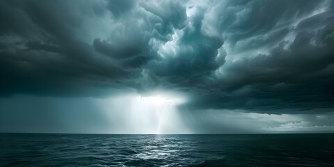 Wall Mural - Ominous storm clouds gather over a vast body of water, illuminated by a bright beam of light. Concept Nature Photography, Stormy Weather, Light and Shadow, Dramatic Landscapes, Atmospheric Scenes