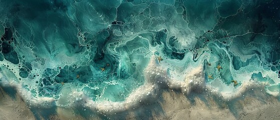 Wall Mural - A brinicle grows under ice, revealing starfish on the seabed. Graystone, teal, and emerald colors create an icy ocean scene.