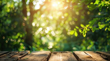 Sticker - Vintage tone blurred green tree bokeh backdrop with sunlight on wooden table