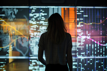 Wall Mural - Woman Observing Data Visualizations on Screen