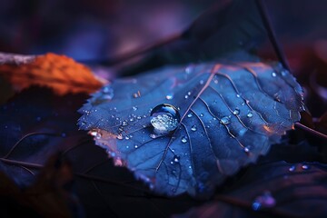 Canvas Print - Enhanced view of a waterdrop on a beautiful leave  in autmn season in early in the morning