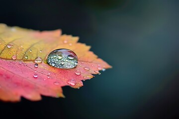 Wall Mural - Enhanced view of a waterdrop on a beautiful leave  in autmn season in early in the morning