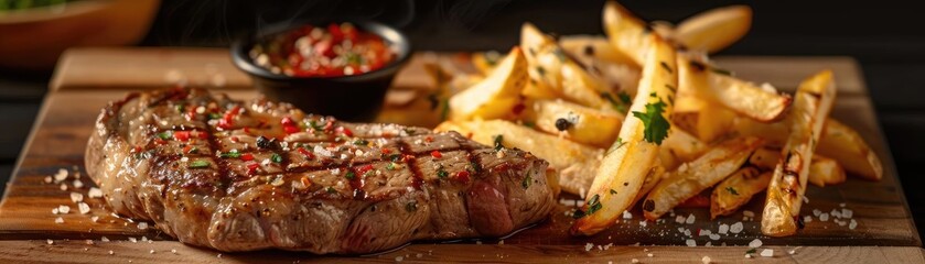 Canvas Print - Delicious grilled steak served with golden French fries and a dip on a wooden board. Perfect for a hearty and fulfilling meal.