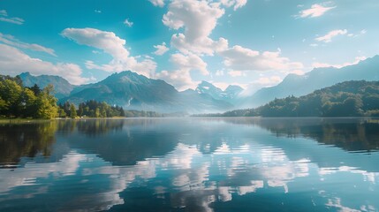 Wall Mural - A serene mountain lake nestled between rugged peaks with a view of the clear sky. reflecting the surrounding snow-capped mountains.