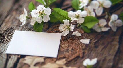 Sticker - Fresh blossoms beside blank card on wooden surface