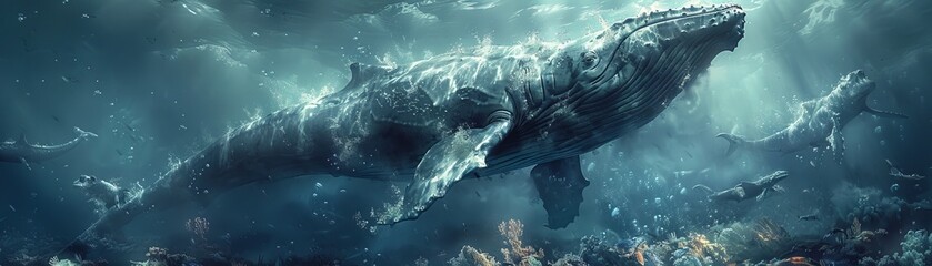 Wall Mural - A brinicle descending, encircling Ichthyosaurs wiggling on the ocean floor.