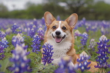 Wall Mural - a dog sitting in a field of bluebonnets