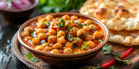 Wall Mural - Delicious Chole Bhature Spicy Chickpea Curry with Fluffy Fried Bread. Concept Indian Cuisine, Vegetarian Cooking, Traditional Recipes, Street Food, North Indian Delicacy