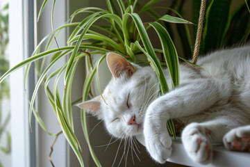 a white cat sleeping on a window sill next to a plant