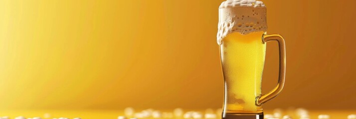 Wall Mural - Horizontal banner. International Beer Day. A mug of cold light beer with foam on a yellow background. Free space for text, copy space