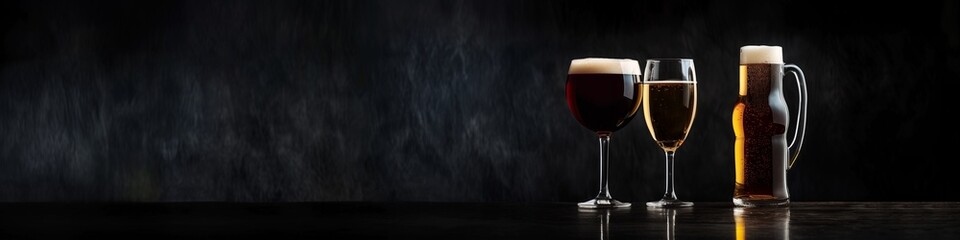 Elegant Wine Glass and Beer Bottle on Black Background, Generated by AI.