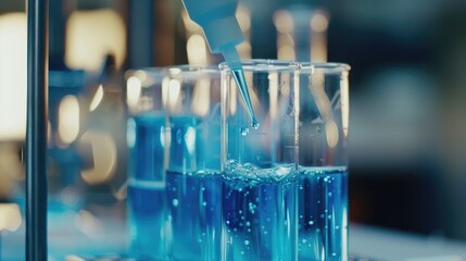 Wall Mural - focused dispensing of reagent into test tube with blue chemical in research lab