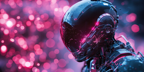 Closeup of a robot head on a blurred background with lights. Sci-Fi futuristic background. Created with Generative AI technology.