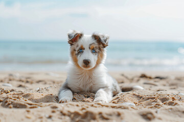 Wall Mural - a dog laying on a beach with the ocean in the background