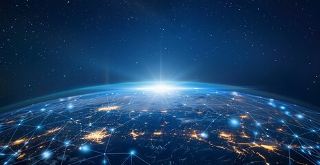 Wall Mural - global network concept, with visualization lines representing connections, glowing, earth