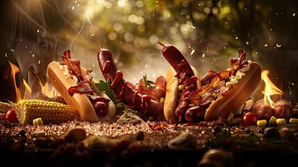 Delicious grilled sausages and hot dogs with corn on the cob, beautifully presented outdoors with nature-inspired background and lighting.