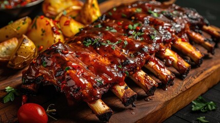Wall Mural - Succulent BBQ pork ribs glazed with a shiny sauce, served with roasted potatoes and garnished with herbs on a wooden board.