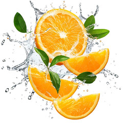 Wall Mural - Fresh delicious oranges splashing with leaves, cut out